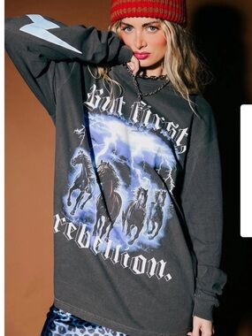 Dressed in Lala. Year of the Horse Black Graphic Horse Print Long Sleeve Tee